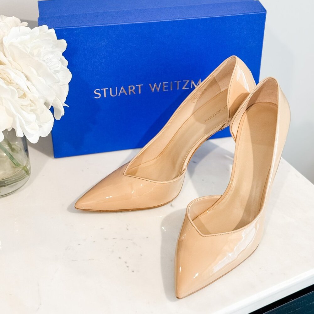 Stuart Weitzman Avenue 95 Patent Leather Pumps, Nude d'Orsay Heels, Sz 11, 41.5